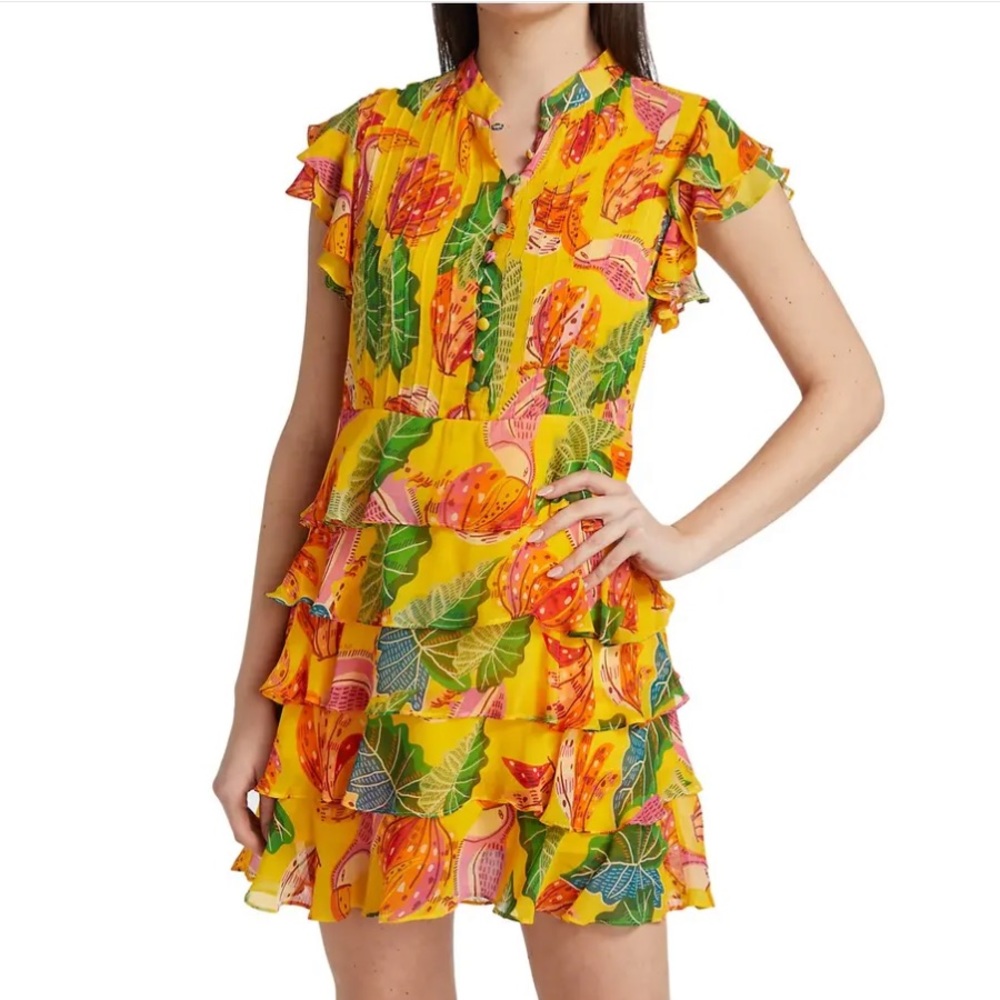 FARM RIO Beaks & Bananas Ruffle Minidress in Yellow Multi size S